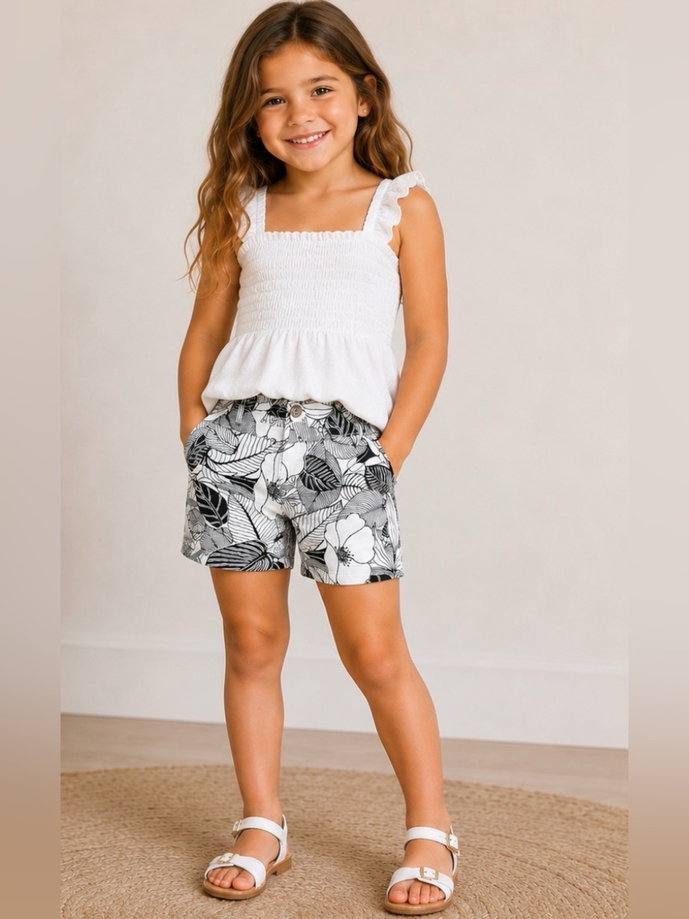 Janie and Jack Kids Girls Floral Print Shorts Size 7 Black White Cotton